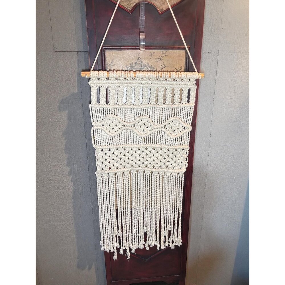 Handmade Macrame Wall Hanging Tapestry With Geometric Patterns & Fringe Beige Co